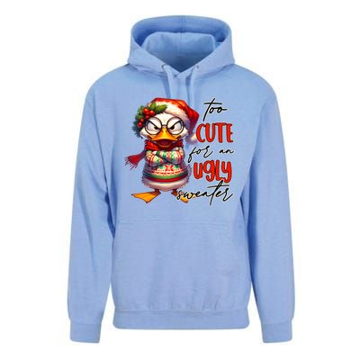 Too Cute For An Ugly Sweater Funny Sarcastic Grumpy Duck Christmas Unisex Surf Hoodie