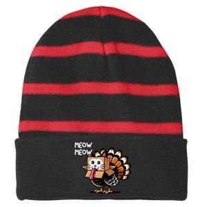 Thanksgiving Cat Funny Fake Cat Meow Thanksgiving Turkey Striped Beanie with Solid Band