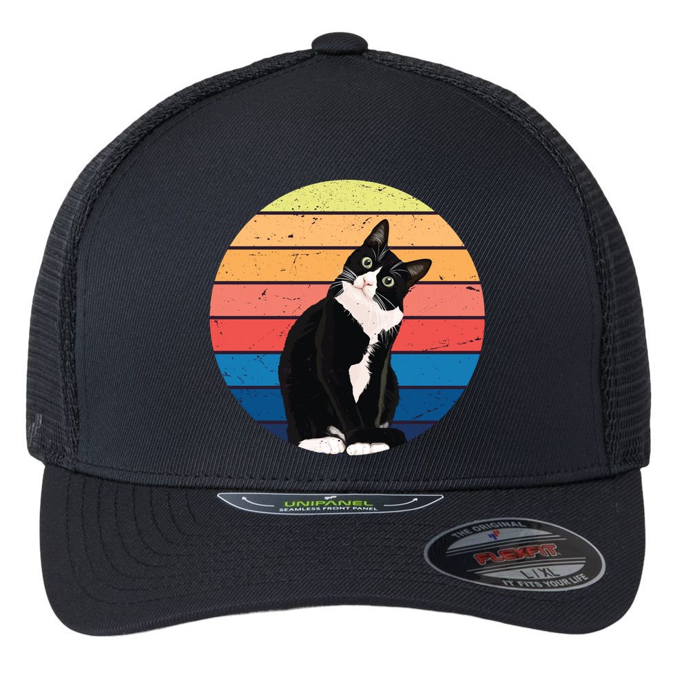 Tuxedo Cat Gift Retro Colors For Animal Lovers Flexfit Unipanel Trucker Cap