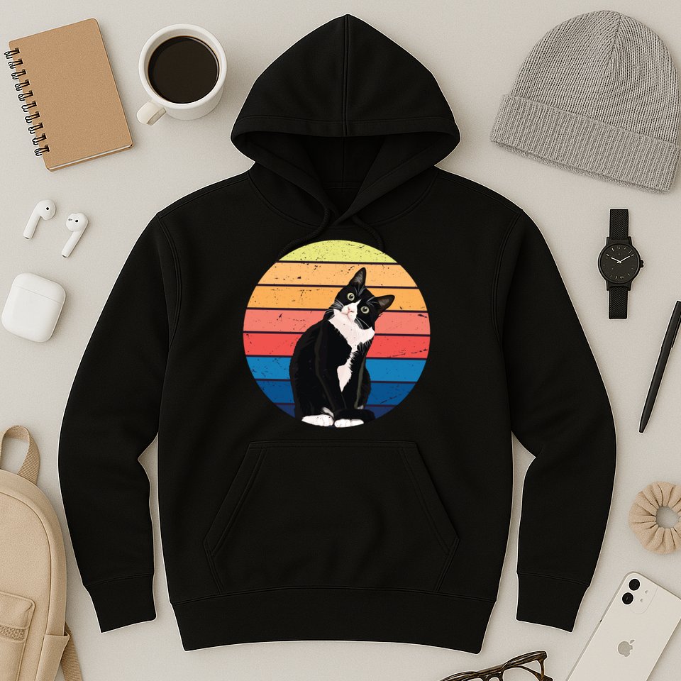 Tuxedo Cat Gift Retro Colors For Animal Lovers Hoodie