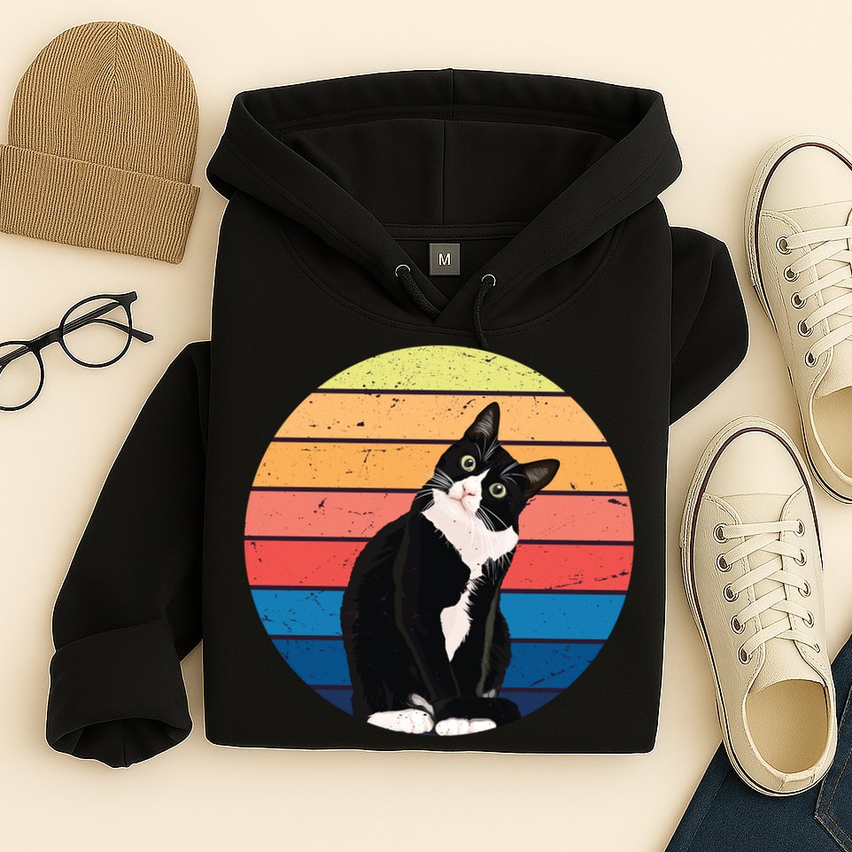 Tuxedo Cat Gift Retro Colors For Animal Lovers Hoodie