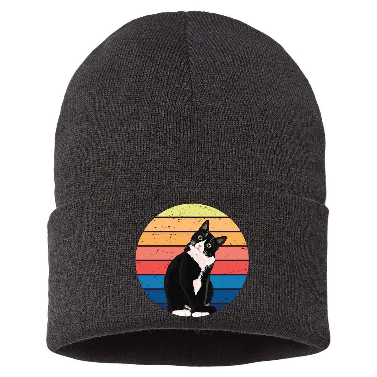 Tuxedo Cat Gift Retro Colors For Animal Lovers Sustainable Knit Beanie