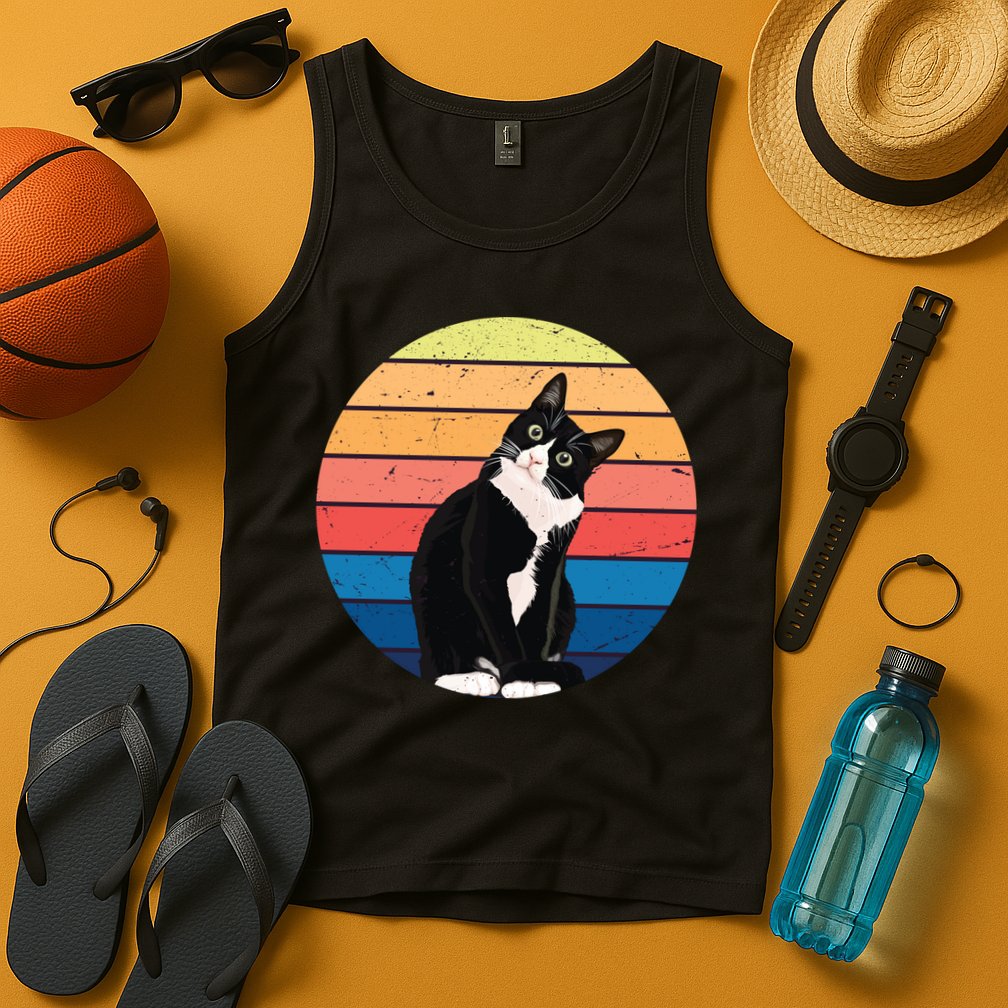 Tuxedo Cat Gift Retro Colors For Animal Lovers Tank Top
