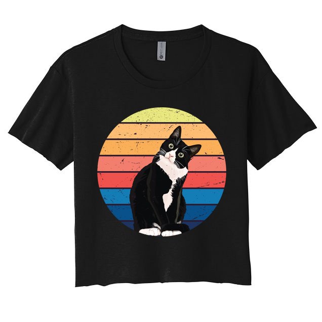 Tuxedo Cat Gift Retro Colors For Animal Lovers Crop Top