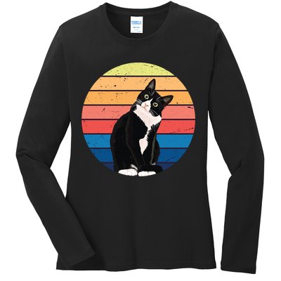 Tuxedo Cat Gift Retro Colors For Animal Lovers Ladies Long Sleeve Shirt