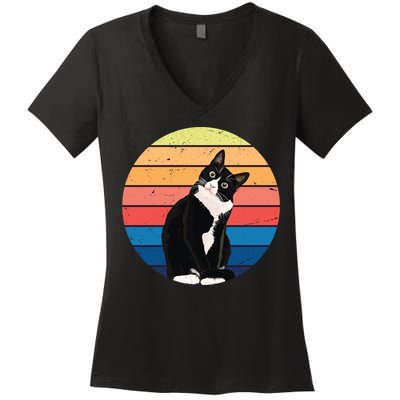 Tuxedo Cat Gift Retro Colors For Animal Lovers Women's V-Neck T-Shirt