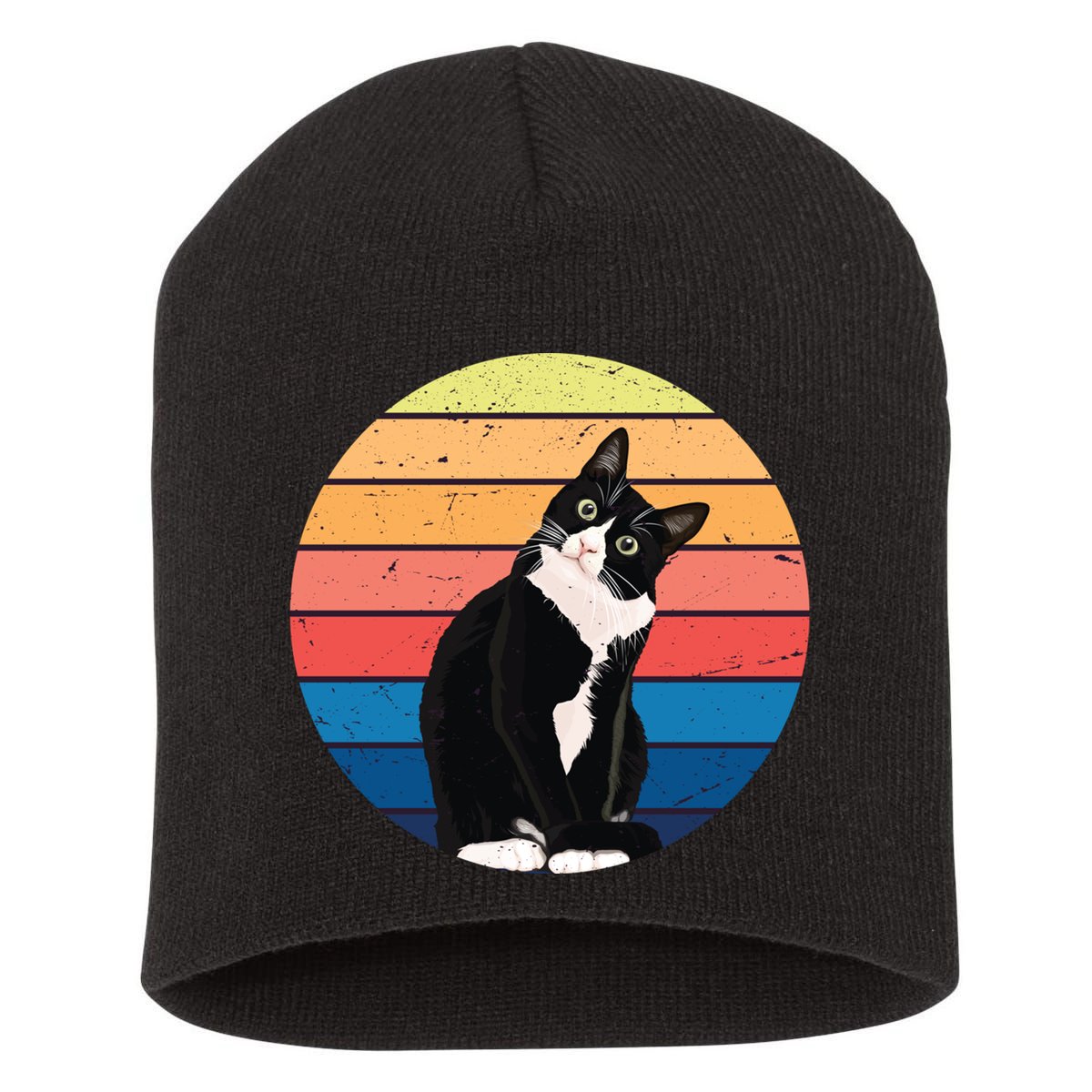Tuxedo Cat Gift Retro Colors For Animal Lovers Short Acrylic Beanie