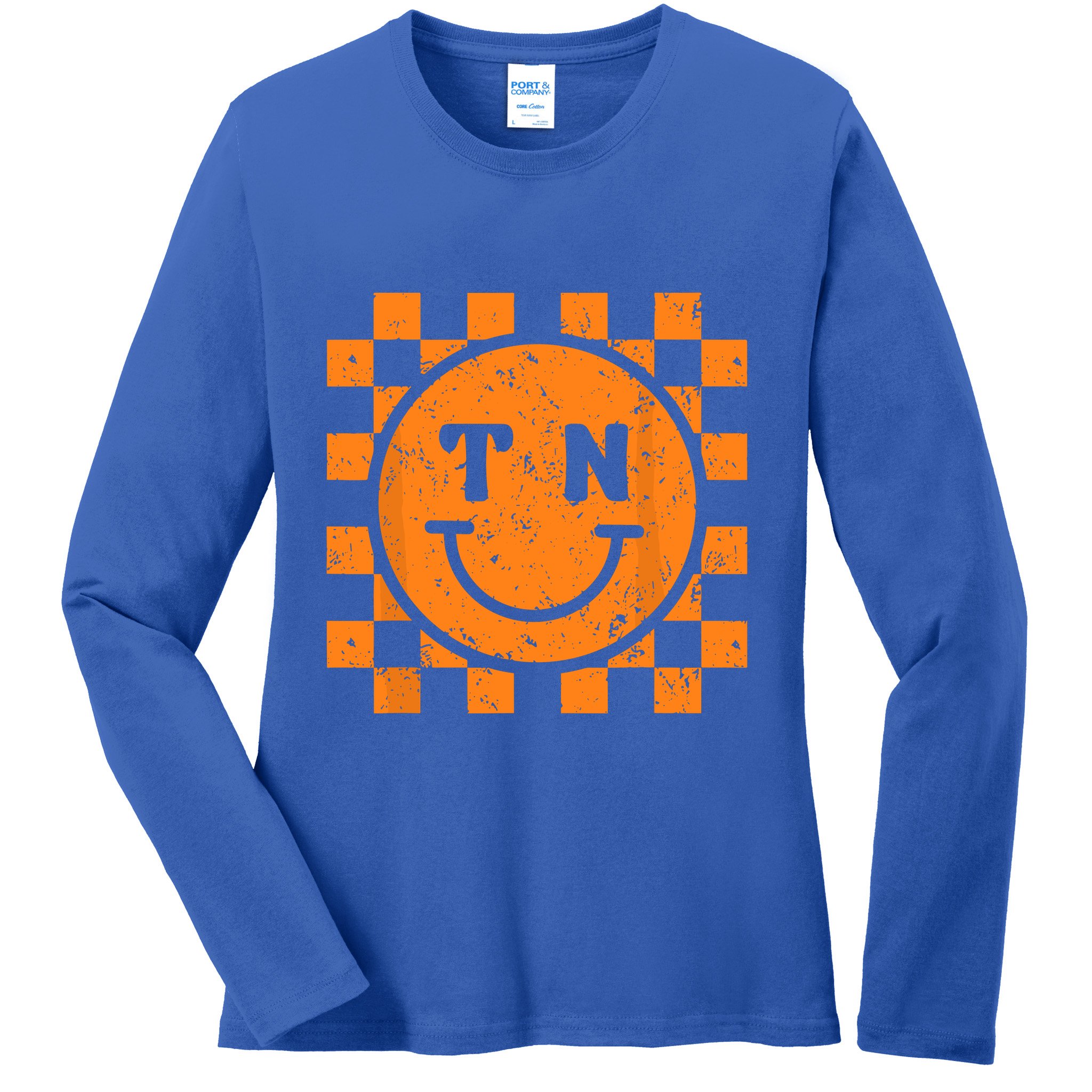 Tennessee Checkered Happy Face Football Season Game Day Ladies Long Sleeve Shirt
