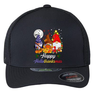 Thanksgiving Christmas Happy Hallothanksmas Gnomes Flexfit Unipanel Trucker Cap