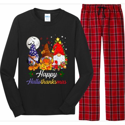 Thanksgiving Christmas Happy Hallothanksmas Gnomes Long Sleeve Pajama Set