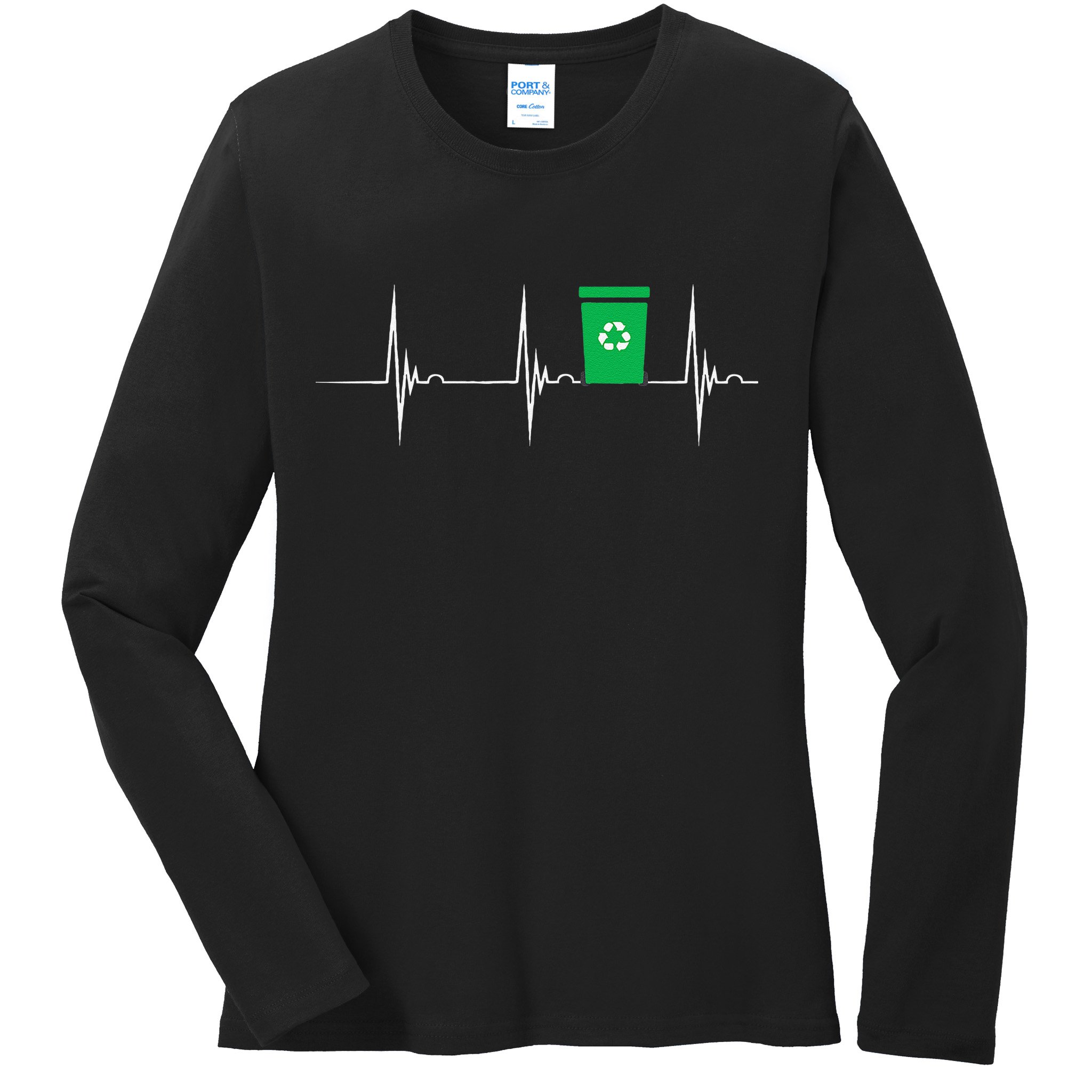 Trash Can Heartbeat EKG Pulse Recycle Logo Earth Day Ladies Long Sleeve Shirt