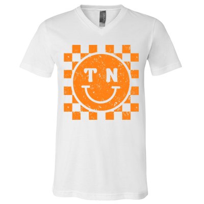Tennessee Checkered Happy Face Football Season Game Day V-Neck T-Shirt