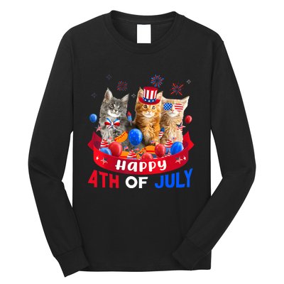 Three Cat Happy 4th Of July Balloon Lover Independence Day Long Sleeve Shirt