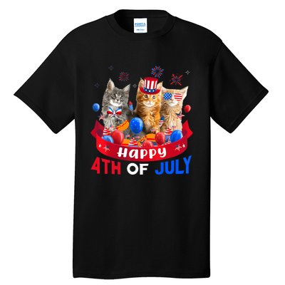 Three Cat Happy 4th Of July Balloon Lover Independence Day Tall T-Shirt