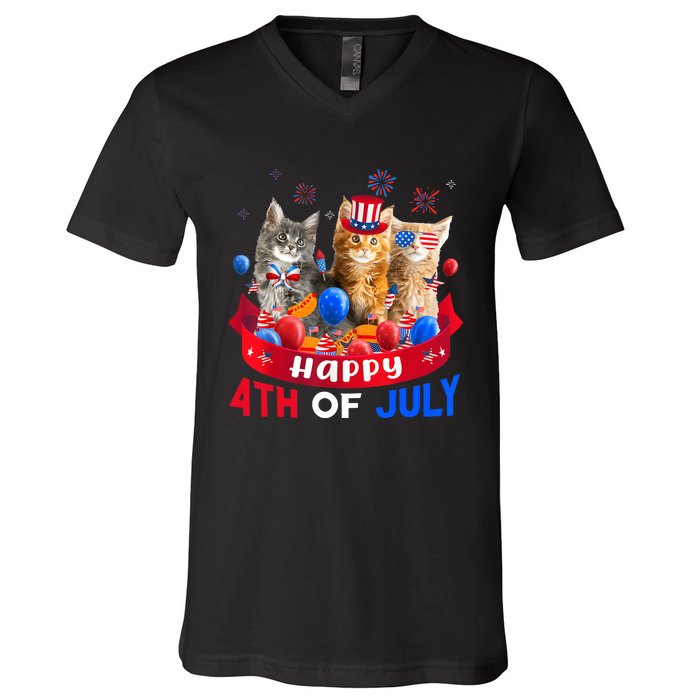 Three Cat Happy 4th Of July Balloon Lover Independence Day V-Neck T-Shirt