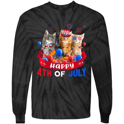 Three Cat Happy 4th Of July Balloon Lover Independence Day Tie-Dye Long Sleeve Shirt