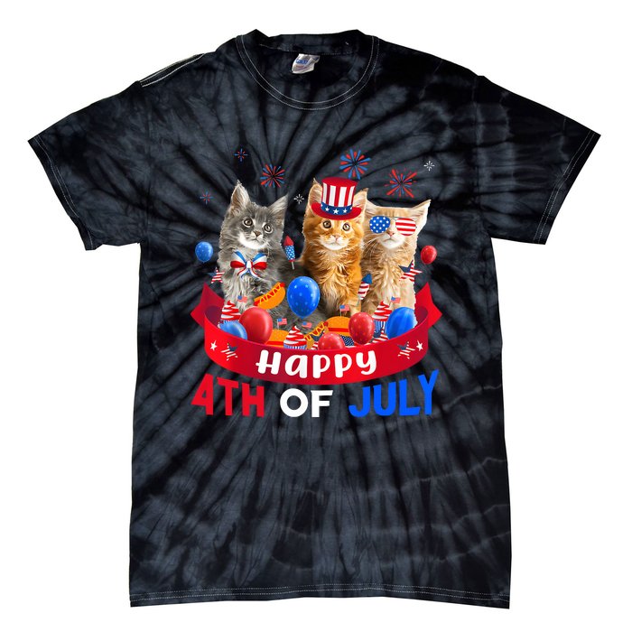 Three Cat Happy 4th Of July Balloon Lover Independence Day Tie-Dye T-Shirt