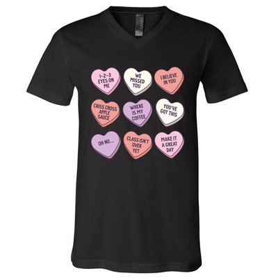 Teach Conversation Hearts School Retro Valentines Day V-Neck T-Shirt