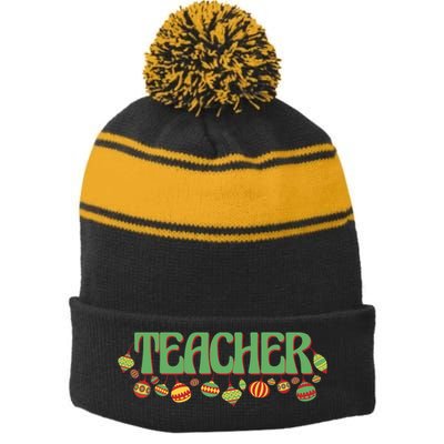 Teacher Christmas Holiday Festive Stripe Pom Pom Beanie