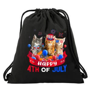 Three Cat Happy 4th Of July Balloon Lover Independence Day Drawstring Bag