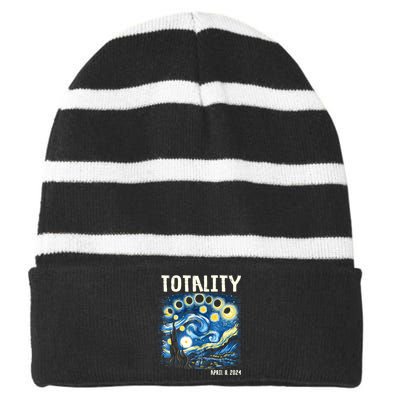 Tabby Cats Howling At Solar Eclipse April 8th 2024 Gift Idea Striped Beanie with Solid Band