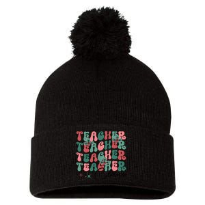 Teacher Claus Holiday Graphic Pom Pom 12in Knit Beanie