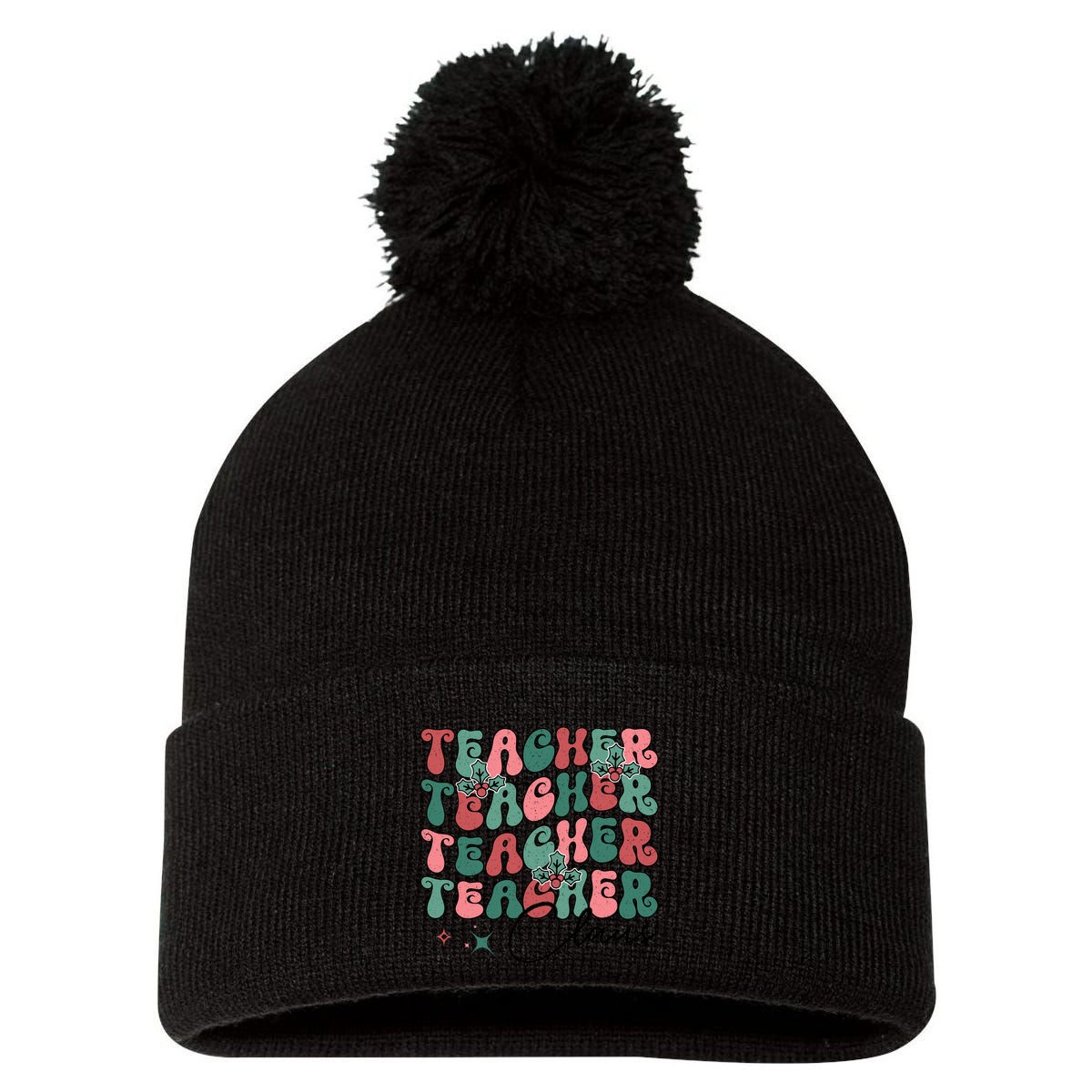 Teacher Claus Holiday Graphic Pom Pom 12in Knit Beanie