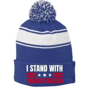 Tucker Carlson I Stand With Him, Men Women, I Stand With Tucker Carlson Stripe Pom Pom Beanie