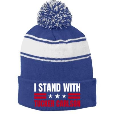 Tucker Carlson I Stand With Him, Men Women, I Stand With Tucker Carlson Stripe Pom Pom Beanie