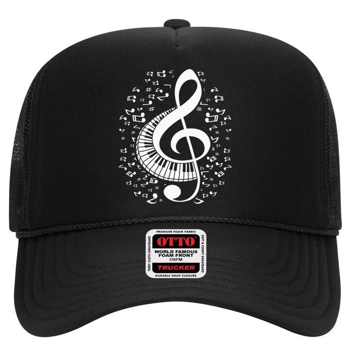 Treble Clef Keyboard Classical Music Notes Pianist Piano High Crown Mesh Back Trucker Hat