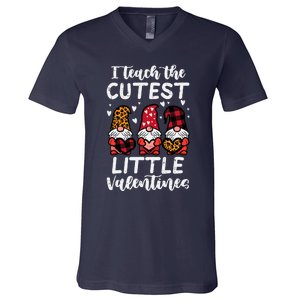 Teach Cutest Little Valentines Gnomes Leopard Plaid Teacher V-Neck T-Shirt