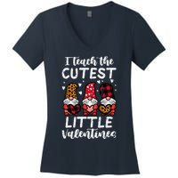 Teach Cutest Little Valentines Gnomes Leopard Plaid Teacher Women's V-Neck T-Shirt