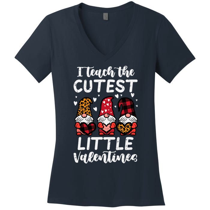 Teach Cutest Little Valentines Gnomes Leopard Plaid Teacher Women's V-Neck T-Shirt