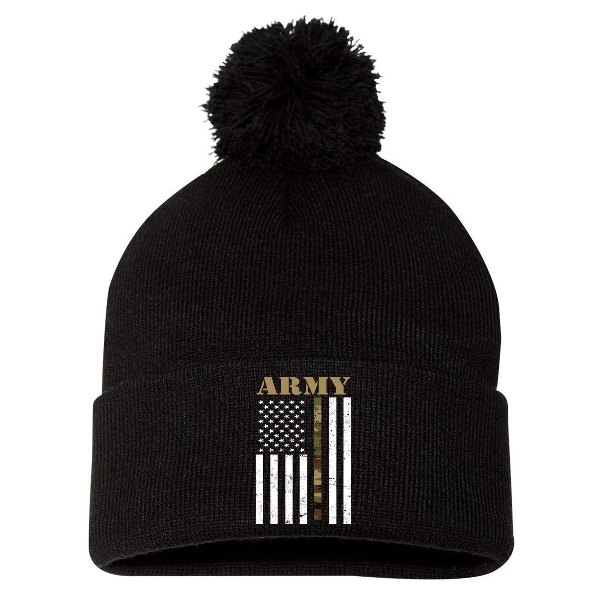 Thin Camo Line United States Army Flag Back Print Pom Pom 12in Knit Beanie