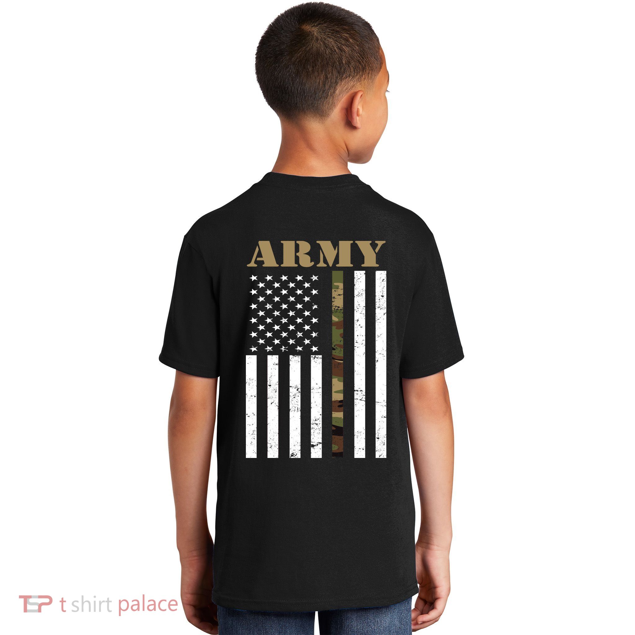 Thin Camo Line United States Army Flag Back Print Kids T-Shirt