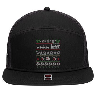 Train Conductor Locomotive Pulled By Reindeer Ugly Christmas Cool Gift 7 Panel Mesh Trucker Snapback Hat