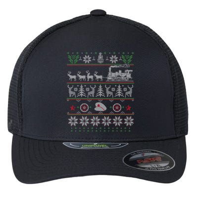 Train Conductor Locomotive Pulled By Reindeer Ugly Christmas Cool Gift Flexfit Unipanel Trucker Cap