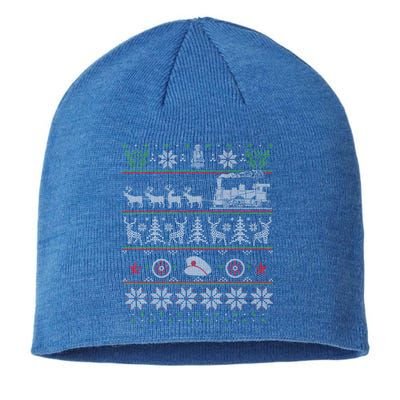 Train Conductor Locomotive Pulled By Reindeer Ugly Christmas Cool Gift Sustainable Beanie