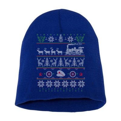 Train Conductor Locomotive Pulled By Reindeer Ugly Christmas Cool Gift Short Acrylic Beanie