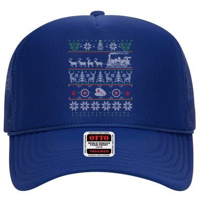 Train Conductor Locomotive Pulled By Reindeer Ugly Christmas Cool Gift High Crown Mesh Back Trucker Hat