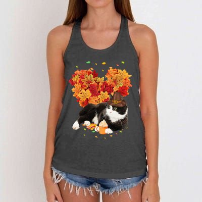 Tuxedo Cat Love Autumn Fall Leaves Happy Thanksgiving Women's Knotted Racerback Tank