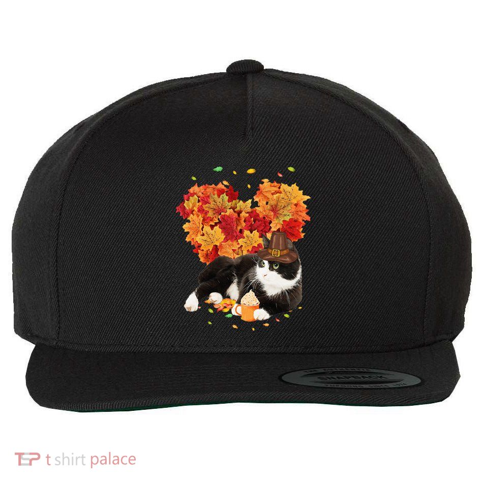 Tuxedo Cat Love Autumn Fall Leaves Happy Thanksgiving Wool Snapback Cap