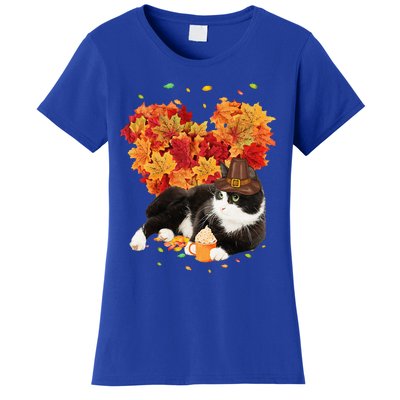 Tuxedo Cat Love Autumn Fall Leaves Happy Thanksgiving Women's T-Shirt