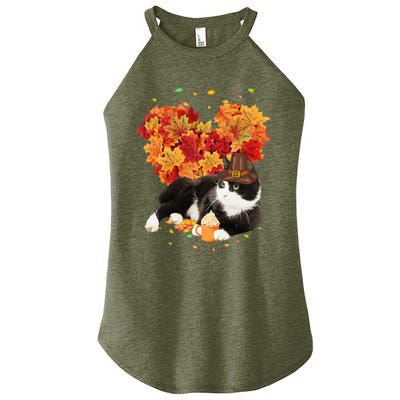 Tuxedo Cat Love Autumn Fall Leaves Happy Thanksgiving Women’s Perfect Tri Rocker Tank