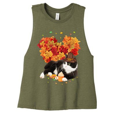 Tuxedo Cat Love Autumn Fall Leaves Happy Thanksgiving Women's Racerback Cropped Tank