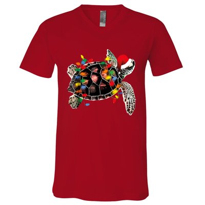 Turtle Christmas Lights Turtle Santa Hat V-Neck T-Shirt