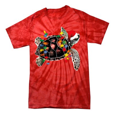 Turtle Christmas Lights Turtle Santa Hat Tie-Dye T-Shirt