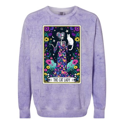 The Cat Lady Tarot Card Halloween Skeleton Skul Occult Magic Colorblast Crewneck Sweatshirt