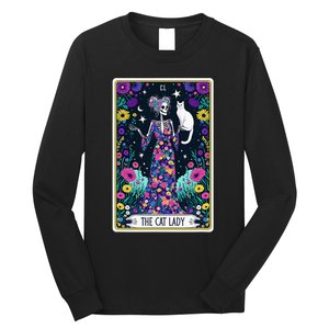 The Cat Lady Tarot Card Halloween Skeleton Skul Occult Magic Long Sleeve Shirt