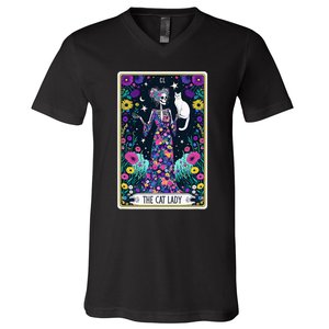 The Cat Lady Tarot Card Halloween Skeleton Skul Occult Magic V-Neck T-Shirt